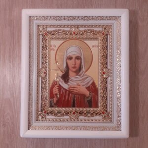 Ікона Лариса свята великомучениця, лик 15х18 см, в білому кіоті з камінням