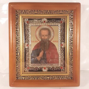 Ікона Леонід святий мученик, лик 10х12 см, у коричневому дерев'яному кіоті з камінням