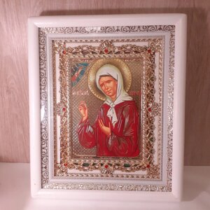Ікона Матрона свята блаженна, лик 15х18 см, в білому кіоті з камінням камінням