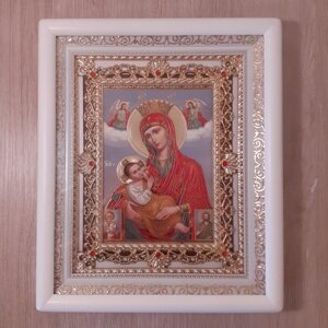 Ікона Ссавниця Пресвята Богородиця, лик 15х18 см, в білому кіоті з камінням