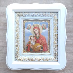 Ікона Ссавниця Пресвятої Богородиці, лик 10х12 см, у білому фігурному дерев'яному кіоті
