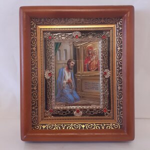 Ікона Несподівана Радість Пресвята Богородиця, лик 10х12 см, у коричневому дерев'яному кіоті з камінням