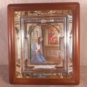 Ікона Ненавмисна Радість Пресвята Богородиця, лик 10х12 см, у світлому прямому дерев'яному кіоті з арочним багетом