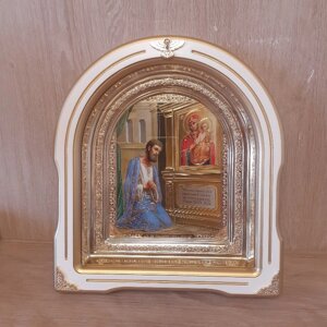 Ікона Несподівана Радість Пресвята Богородиця, лик 15х18 см, у білому дерев'яному кіоті зі вставками, арка