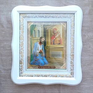Ікона Неочікувана Радість Пресвята Богородиця, лик 15х18 см, у білому фігурному дерев'яному кіоті, тип 3