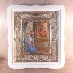 Ікона Несподівана Радість Пресвята Богородиця, лик 15х18 см, у білому фігурному кіоті, тип 2