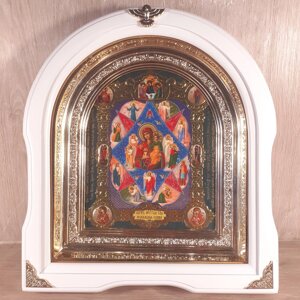Ікона Неопалима Купина Пресвята Богородиця, лик 15х18 см, у білому дерев'яному кіоті, арка