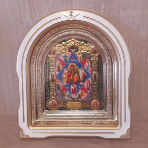 Ікона Неопалима Купина Пресвята Богородиця, лик 15х18 см, у білому дерев'яному кіоті зі вставками, арка
