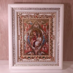 Ікона Неопалима Купина Пресвята Богородиця, лик 15х18 см, в білому кіоті з камінням