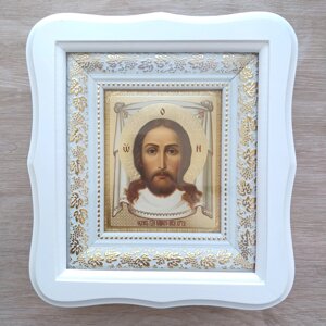Ікона Нерукотворний Образ Ісуса Христа, лик 10х12 см, у білому фігурному дерев'яному кіоті