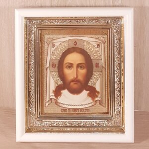 Ікона Нерукотворний Образ Ісуса Христа, лик 10х12 см, у білому прямому дерев'яному кіоті