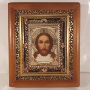 Ікона Нерукотворний образ Ісуса Христа, лик 10х12 см, у коричневому дерев'яному кіоті з камінням