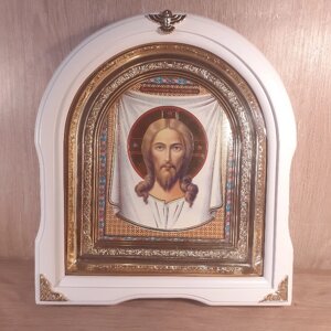 Ікона Нерукотворний образ Ісуса Христа, лик 15х18 см, у білому дерев'яному кіоті, арка