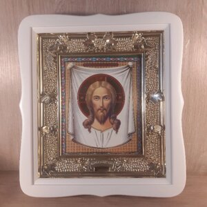 Ікона Нерукотворний образ Ісуса Христа, лик 15х18 см, у білому фігурному дерев'яному кіоті, тип 2.