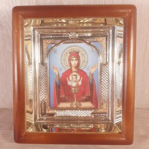 Ікона Невпинна Чаша Пресвята Богородиця, лик 10х12 см, у світлому прямому дерев'яному кіоті з арочним багетом