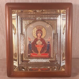 Ікона Невпинна Чаша Пресвята Богородиця, лик 10х12 см, у світлому прямому дерев'яному кіоті з арочним багетом