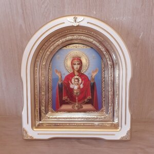 Ікона Невпинна Чаша Пресвята Богородиця, лик 15х18 см, у білому дерев'яному кіоті зі вставками, арка