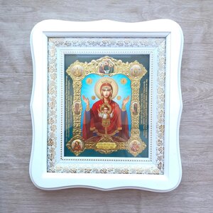 Ікона Невипивана Чаша Пресвята Богородиця, лик 15х18 см, у білому фігурному дерев'яному кіоті, тип 3