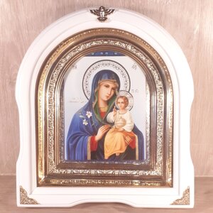 Ікона Нев'янучий колір Пресвята Богородиця, лик 15х18 см, у білому дерев'яному кіоті, арка