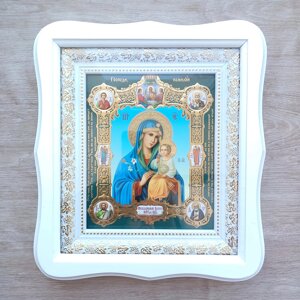 Ікона Нев'янучий Цвіт Пресвята Богородиця, лик 15х18 см, у білому фігурному дерев'яному кіоті, тип 3