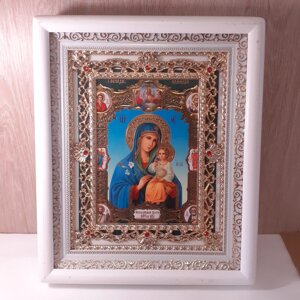 Ікона Нев'янучий Цвіт Пресвята Богородиця, лик 15х18 см, в білому кіоті з камінням