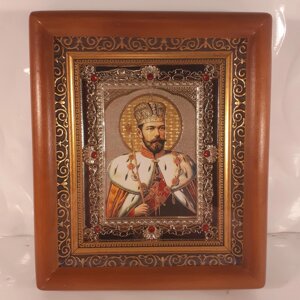Ікона Микола Олександрович святий цар мученик, лик 10х12 см, у коричневому дерев'яному кіоті з камінням