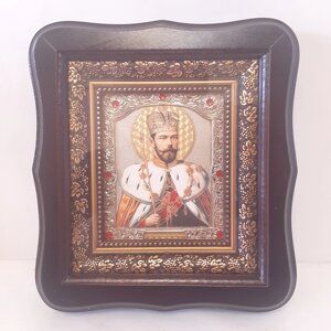 Ікона Микола Олександрович святий цар мученик, лик 10х12 см, у темному дерев'яному кіоті зі вставками