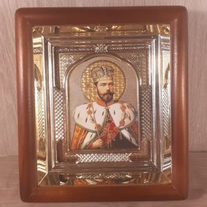 Ікона Микола Олександрович святий мученик, лик 10х12см, у світлому прямому дерев'яному кіоті з арочним багетом