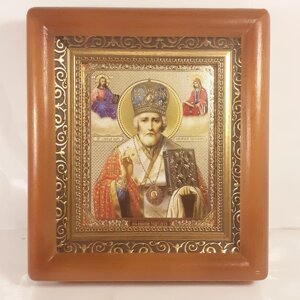 Ікона Микола Чудотворець святий, лик 10х12 см, в коричневому дерев'яному кіоті