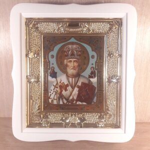 Ікона Миколай Чудотворець святий, лик 15х18 см, у білому фігурному дерев'яному кіоті, тип 2.