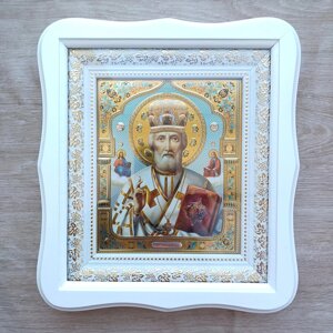 Ікона Миколай Чудотворець святий, лик 15х18 см, у білому фігурному дерев'яному кіоті, тип 3