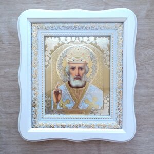 Ікона Миколай Чудотворець святий, лик 15х18 см, у білому фігурному дерев'яному кіоті, тип 3