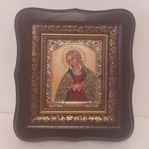 Ікона Гостробрамська Пресвята Богородиця, лік 10х12 см, у темному дерев'яному кіоті зі вставками
