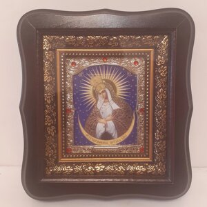 Ікона Остробрамська Пресвята Богородиця, лик 10х12 см, у темному дерев'яному кіоті зі вставками