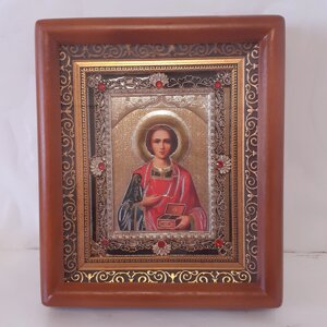 Ікона Пантелеймон святий великомученик і цілитель, лик 10х12 см, у коричневому дерев'яному кіоті з камінням