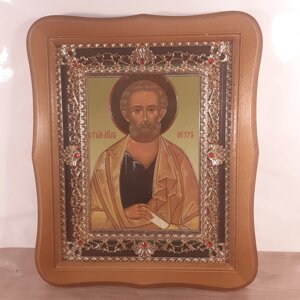 Ікона Петро апостол, лик 15х18 см, у світлому дерев'яному кіоті з камінням