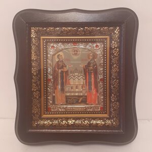 Ікона Петро та Февронія Муромські святі благовірні, лик 10х12 см, у темному дерев'яному кіоті зі вставками