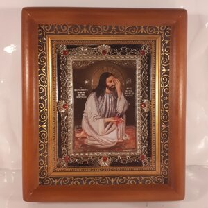 Ікона Плач Ісуса Христа про аборти, лик 10х12 см, у коричневому дерев'яному кіоті з камінням