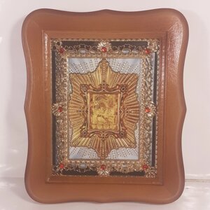 Ікона Почаївська Божої Матері, лик 10х12 см, у світлому дерев'яному кіоті з камінням