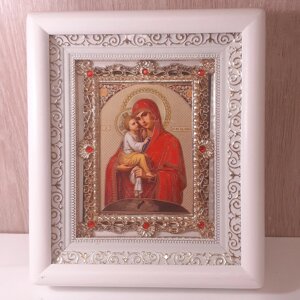 Ікона Почаївська Пресвята Богородиця, лик 10х12 см, у білому дерев'яному кіоті з камінням