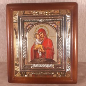 Ікона Почаївська Пресвята Богородиця, лик 10х12 см, у світлому прямому дерев'яному кіоті з арочним багетом