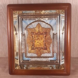 Ікона Почаївська Пресвята Богородиця, лик 10х12 см, у світлому прямому дерев'яному кіоті з арочним багетом