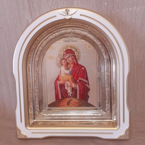 Ікона Почаївська Пресвята Богородиця, лик 15х18 см, у білому дерев'яному кіоті зі вставками, арка