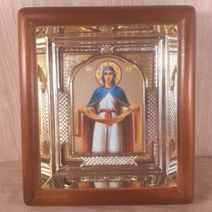 Ікона Покров Пресвятої Богородиці, лик 10х12 см, у світлому прямому дерев'яному кіоті з арочним багетом.