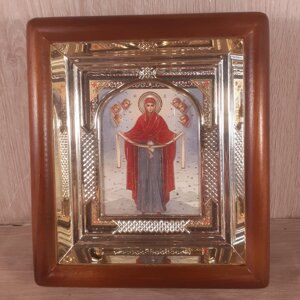 Ікона Покров Пресвятої Богородиці, лик 10х12 см, у світлому прямому дерев'яному кіоті з арочним багетом