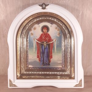 Ікона Покров Пресвятої Богородиці, лик 15х18 см, у білому дерев'яному кіоті, арка