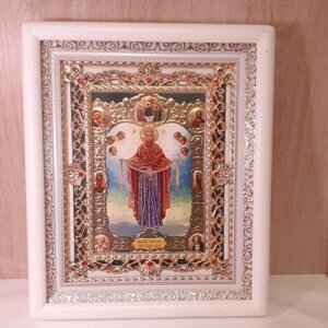 Ікона Покров Пресвятої Богородиці, лик 15х18 см, в білому кіоті з камінням