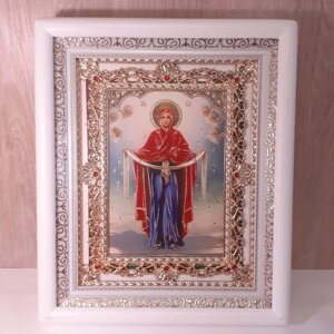 Ікона Покров Пресвятої Богородиці, лик 15х18 см, в білому кіоті з камінням