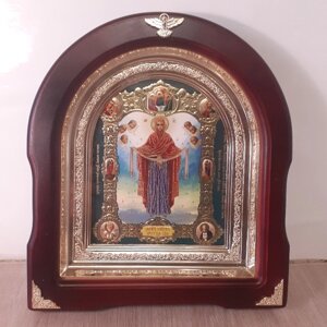 Ікона Покров Пресвятої Богородиці, лік 15х18 см, у темному дерев'яному кіоті, арка