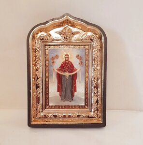 Ікона Покрова Пресвята Богородиця, лик 6х9, у пластиковій чорній рамці